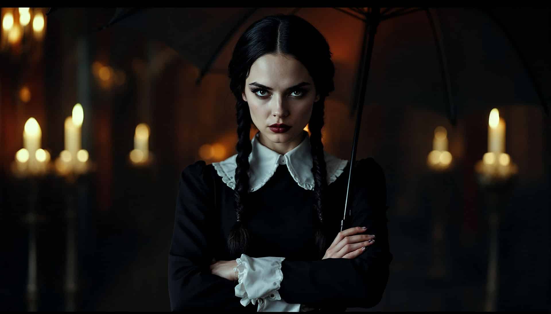 Imagen promocional de Las Aventuras de Miércoles, escape room en Almería. Una joven de aspecto sombrío, con vestido negro y cuello blanco, transmitiendo misterio y actitud desafiante.